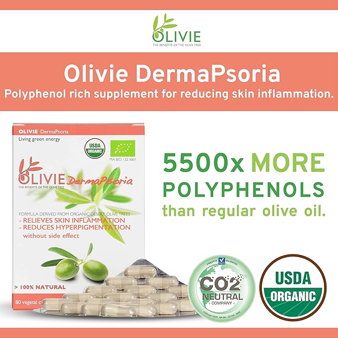 Organic Olive Leaf Extract Supplement for Women and Men by OLIVIE | DermaPsoria Supplement for Psoriasis, Eczema, Hyperpigmentation | Olive Oil Capsules | Antioxidant Polyphenols | 80 Vegetal Capsules