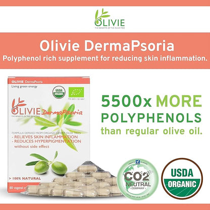 Organic Olive Leaf Extract Supplement for Women and Men by OLIVIE | DermaPsoria Supplement for Psoriasis, Eczema, Hyperpigmentation | Olive Oil Capsules | Antioxidant Polyphenols | 80 Vegetal Capsules