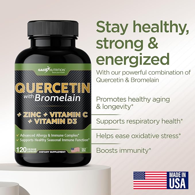 Gade Nutrition Quercetin with Vitamin C and Zinc - Quercetin 500mg - Quercetin with Bromelain - Zinc Quercetin - Quercetin Supplements + Vitamin D3 (Non-GMO, Gluten-Free, Vegan) - 4 Month Supply