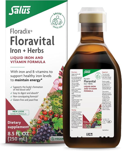 Floradix Floravital Liquid Iron & Vitamins Formula - Liquid Iron Supplement with B Complex Vitamins, Vitamin C & Herbs for Energy Support - Vegan, Gluten-Free, Yeast- Free, Non-GMO - 8.5 Fl Oz
