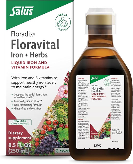 Floradix Floravital Liquid Iron & Vitamins Formula - Liquid Iron Supplement with B Complex Vitamins, Vitamin C & Herbs for Energy Support - Vegan, Gluten-Free, Yeast- Free, Non-GMO - 8.5 Fl Oz