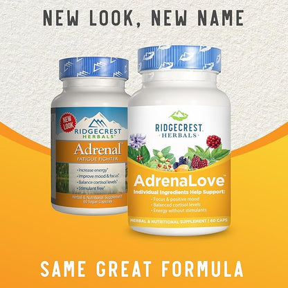 Ridgecrest Herbals AdrenaLove, Stress and Energy Support Supplement with Ashwagandha, L-Theanine, Ginseng, Schisandra, Taurine, Holy Basil, Adaptogens, B Vitamins (60 Vegan Caps, 30 Serv)