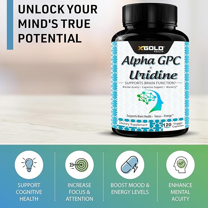 Alpha GPC Choline 600mg + Uridine Monophosphate 300mg-2-in-1 Nootropic Supplement Helps Boost Focus, Energy & Cognitive Performance -Potent Mood Enhancer & Brain Focus Supplements -120 Veggie Capsules