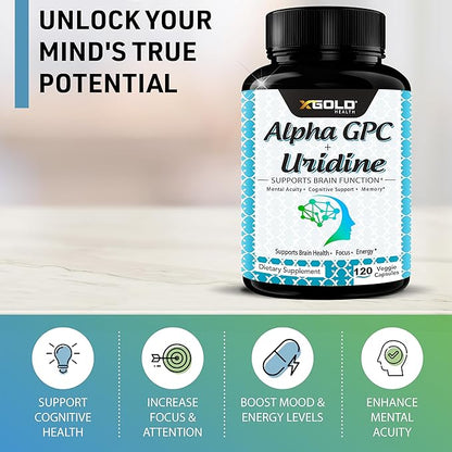 Alpha GPC Choline 600mg + Uridine Monophosphate 300mg-2-in-1 Nootropic Supplement Helps Boost Focus, Energy & Cognitive Performance -Potent Mood Enhancer & Brain Focus Supplements -120 Veggie Capsules