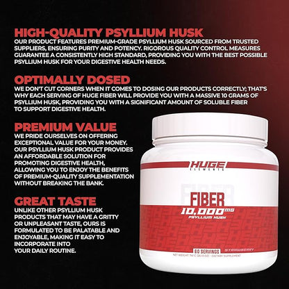 Huge Supplements Fiber, 10 Grams of Premium Psyllium Husk Powder, Soluble Fiber for Digestive Health & Functions, Natural Prebiotic with Delicious Flavors (60 Servings) (Peach)