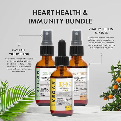 Immunity Support Pack - Raw Vitamin C, D3 & K2 Liquid, Zinc Picolinate - Premium Heart Health Vitamins w/Essential Minerals, Antioxidant Properties, & Cardiovascular Benefits - 180 Days Supply