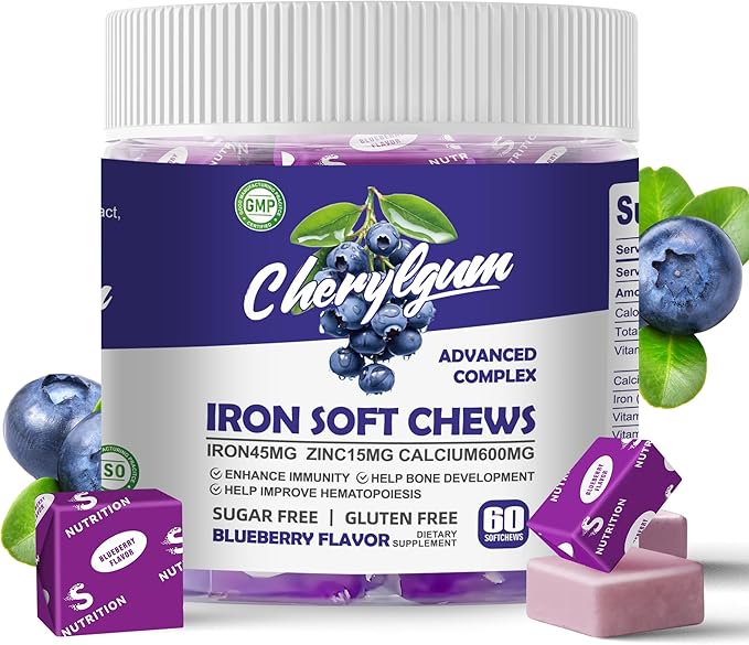 Iron Soft Chew Supplement with Vitamin C | Blueberry Flavored | Gluten Free | Iron Supplement for Women Men and Kids | 60 Count | 2 Month Supply