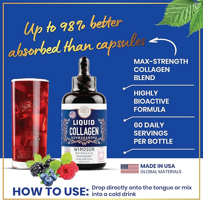 WINDSOR BOTANICALS Liquid Collagen Ashwagandha and Inositol Capsules - Hormonal Balance & Mood Support Bundle