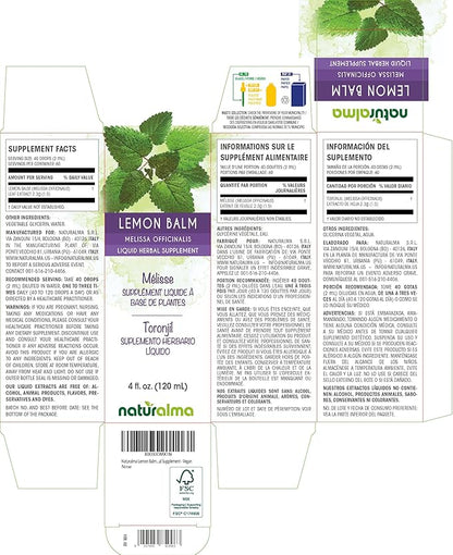 Naturalma Lemon Balm (Melissa officinalis) Leaf Alcohol-Free Tincture - 4 fl oz Liquid Extract in Drops - Herbal Supplement - Vegan