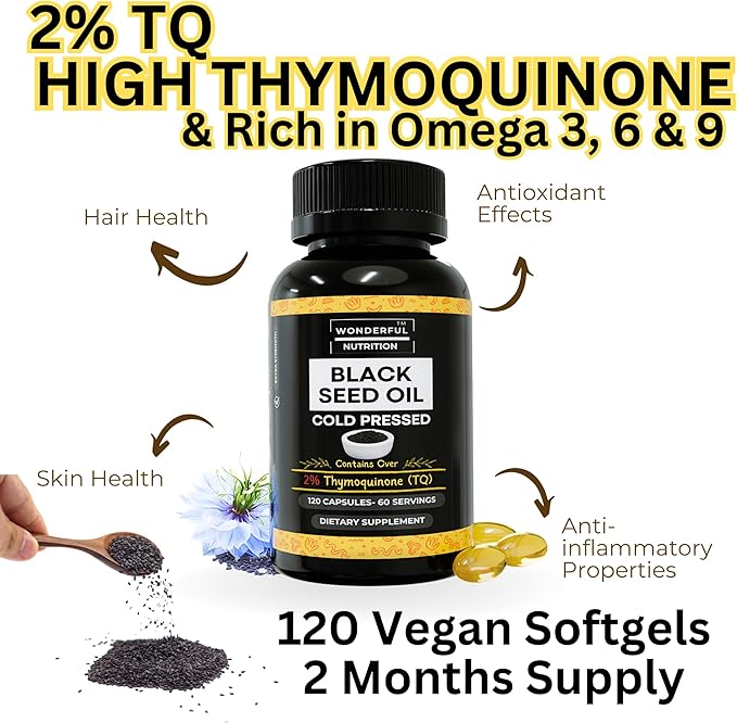 Black Seed Oil - 120 Softgels, 1000mg/Serving, 2% Thymoquinone, Black Cumin Seed Oil, Nigella Sativa, Black Seed Oil Organic Cold Pressed- Supports Health, Hair, Skin & Nails