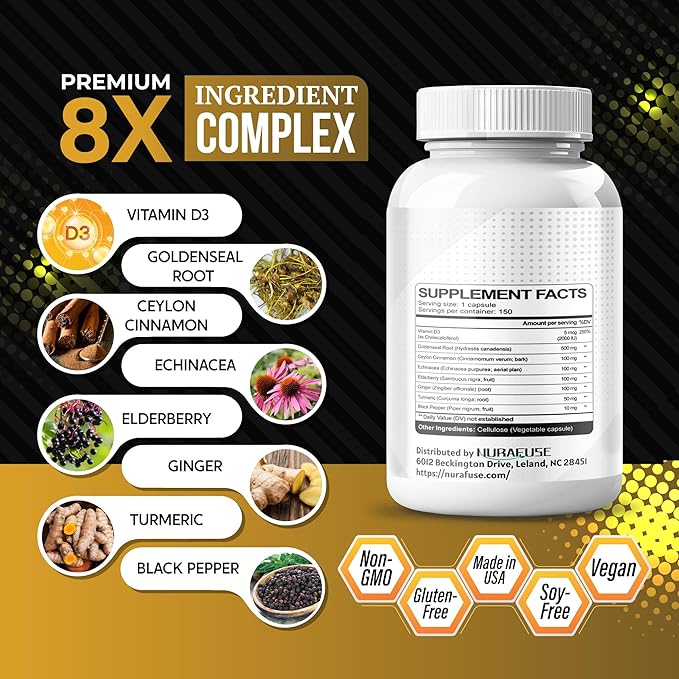 Goldenseal Root 8-in-1 Formula - with Cinnamon Ginger Echinacea Elderberry Black Pepper Vitamin D3 - Non-GMO, Gluten-Free, Soy-Free