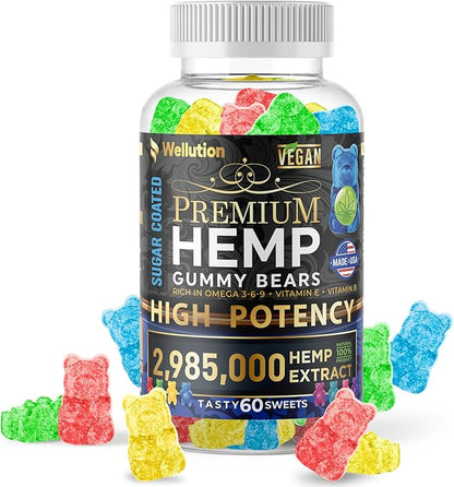 WELLUTION Sugar-Coated Hemp Gummies – High Potency 2,985,000 MCG – Natural Fruity Bears for Relaxation and Peace - Fast-Acting - 60ct