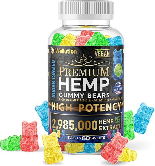 WELLUTION Sugar-Coated Hemp Gummies – High Potency 2,985,000 MCG – Natural Fruity Bears for Relaxation and Peace - Fast-Acting - 60ct