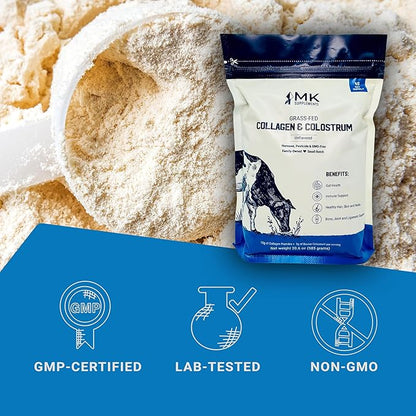 MK Supplements Grass-Fed Collagen & Colostrum Supplement, 45 Servings, Non-GMO, Gluten Free, Supports Gut Health, Immunity, Hair, Skin, Nails, Joints