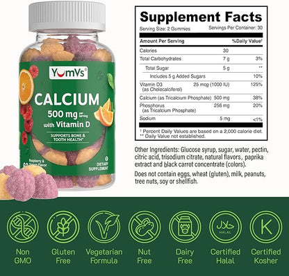 YumVs Calcium 500mg with Vitamin D3 - Raspberry & Orange Flavor Calcium Vitamin D Gummies, Chewable Calcium Supplement for Kids & Adults, Vitamin D Calcium Gummies, Kosher Halal Gluten Free (60 Count)