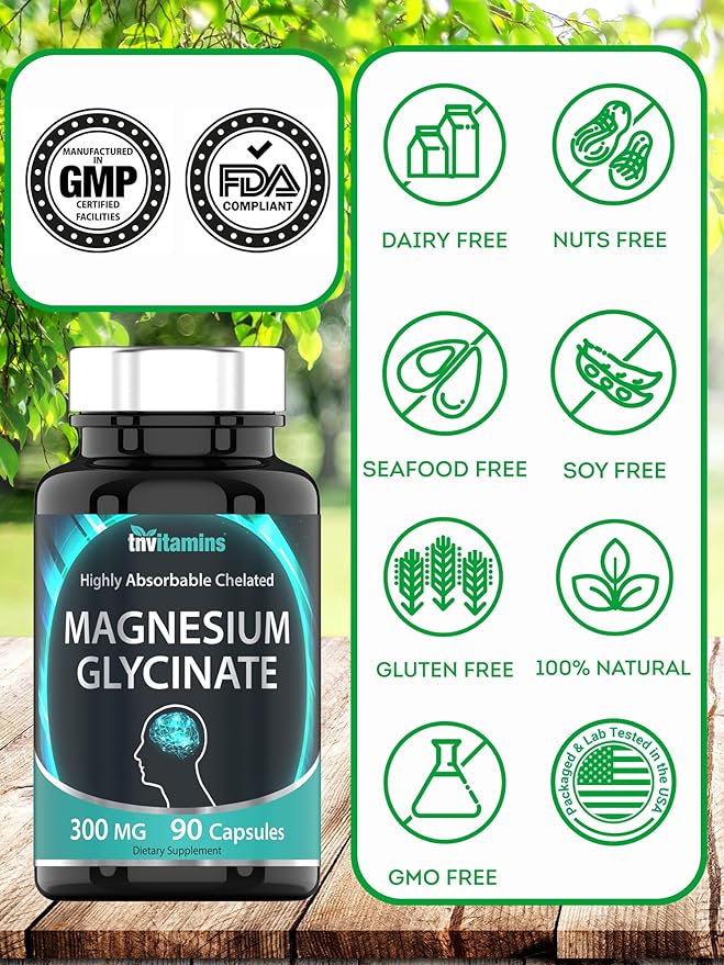 Magnesium Glycinate Capsules (300 MG Per Serving - 90 Count) | Pure Chelated Magnesium Bisglycinate Powder Supplement | Glicinato de Magnesio | for Sleep, Calm, Nerve, & Stress Support* | TNVitamins