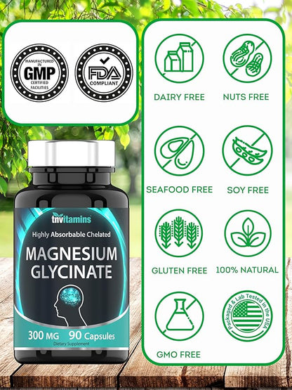 Magnesium Glycinate Capsules (300 MG Per Serving - 90 Count) | Pure Chelated Magnesium Bisglycinate Powder Supplement | Glicinato de Magnesio | for Sleep, Calm, Nerve, & Stress Support* | TNVitamins