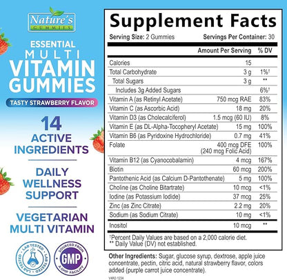 Multivitamin Gummies - Adult Gummy Vitamins for Women & Men, Nature's Daily Gummy Multivitamins for Adults, Vitamins A, C, E, B6, B12 - Multi Vitamin Supplement, Non-GMO, Berry Flavored - 60 Gummies
