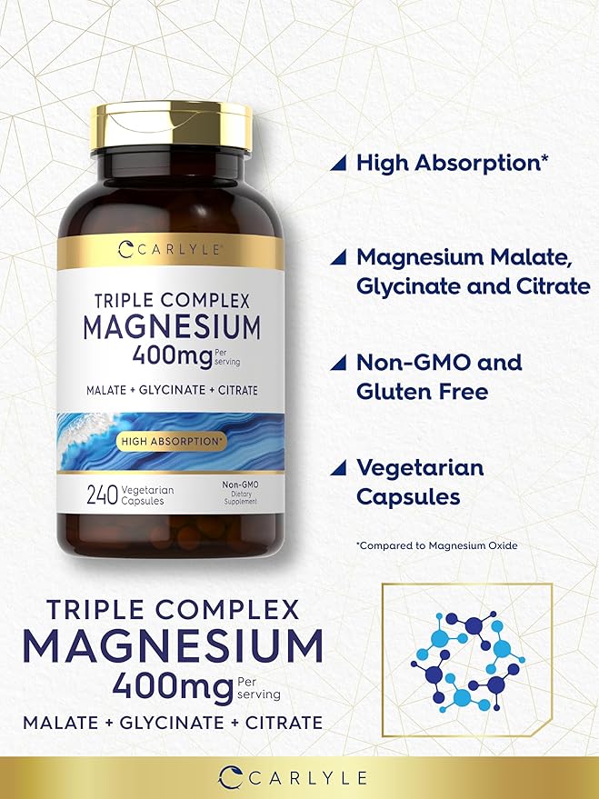 Carlyle Triple Magnesium Complex | 400 mg | 240 Capsules | Magnesium Malate, Glycinate & Citrate | Vegetarian, Non-GMO, and Gluten Free Supplement