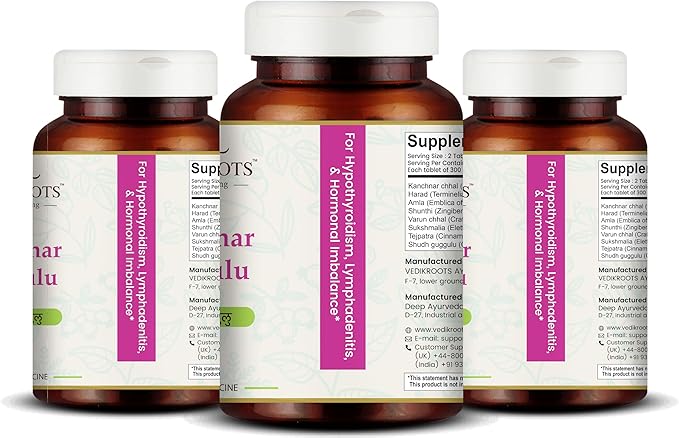 Kanchnar Guggulu - Ayurvedic Supplement for Thyroid | Hormonal Balance for Women | Reduces Joint and Muscles Pain | for Swollen Lymph Nodes | 60 Tablets (180)