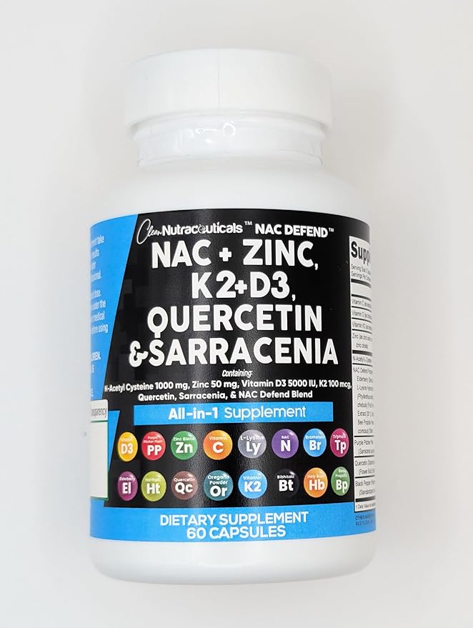 NAC Supplement N-Acetyl Cysteine Vitamin D3 K2 Zinc Quercetin Sarracenia Purpurea Immune Support | Elderberry Holy Basil Bee Propolis Bromelain L-Lysine Capsules Supplements For Women Men Adults