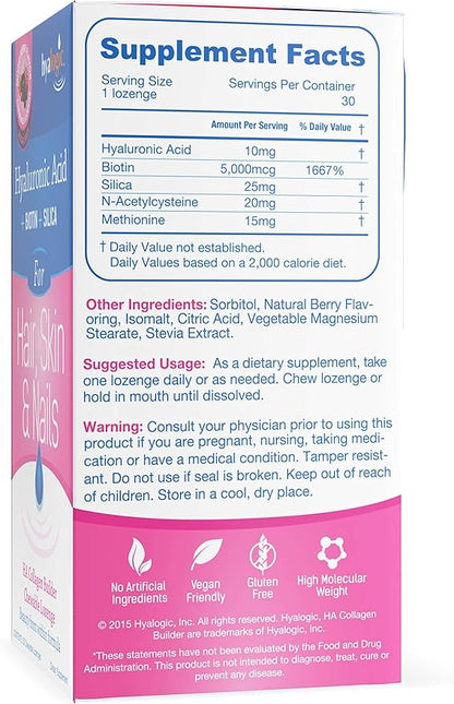 Hyalogic Hair Skin & Nails Hyaluronic Acid Collagen Builder – Delicious Berry Flavored Collagen Boost Chewable Lozenges – Sugar Free Vegan Collagen Ideal to Enhance Your Natural Beauty – 30 Count