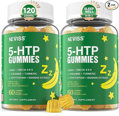 5-HTP GABA Gummies - Melatonin Free Calm & Relaxation Gummies w/Banana Extract, L-Theanine, L-Tryptophan, Omega-3-6-9 for Health Rest Cycle & & Circadian Rhythm, Natural Zzzs, Brain Relax (Pack of 2)