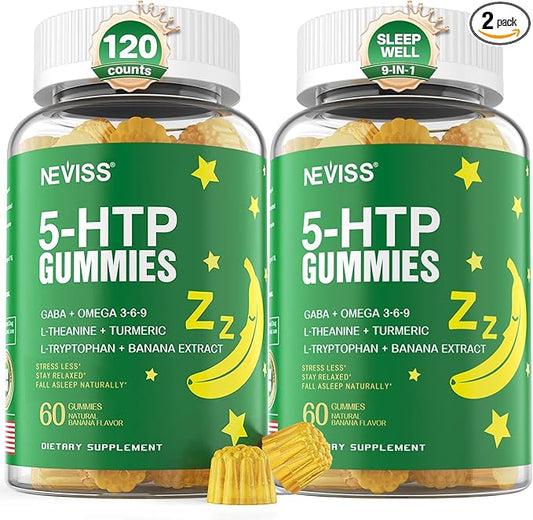 5-HTP GABA Gummies - Melatonin Free Calm & Relaxation Gummies w/Banana Extract, L-Theanine, L-Tryptophan, Omega-3-6-9 for Health Rest Cycle & & Circadian Rhythm, Natural Zzzs, Brain Relax (Pack of 2)