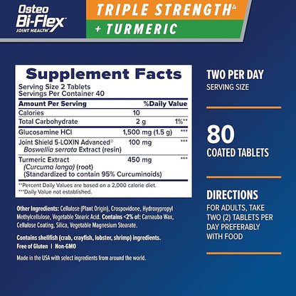 Osteo Bi-Flex Triple Strength Glucosamine with Turmeric, Joint Health Supplement, Coated Tablets, Original Version, 80 Count