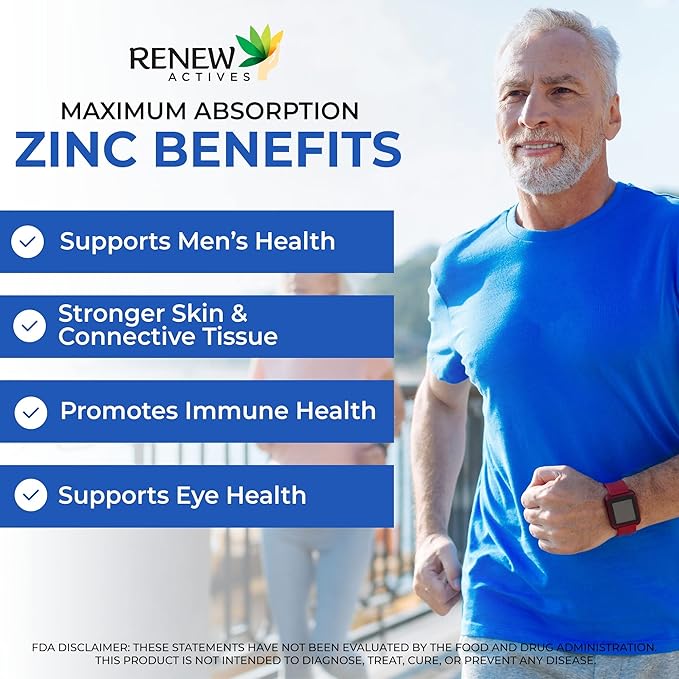 Renew Actives Zinc Supplements 50MG per Serving - Essential for Immune Health, Strong Bones & Promoting Healthy Hair, Nails & Glowing Skin for Daily Use - Made in Canada - 250 Tablets