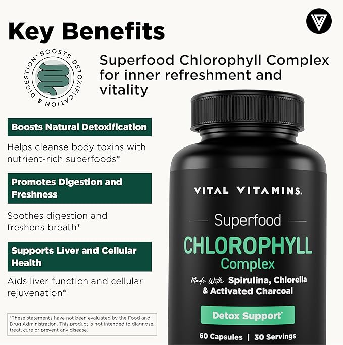 Vital Vitamins Chlorophyll Pills - Body Deodorizing Supplement - Made with Spirulina, Chlorella, Organic Parsley, Mint, & Activated Charcoal - Defeat Odor Naturally - for Women & Men - 60 Capsules