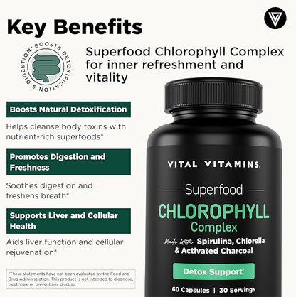 Vital Vitamins Chlorophyll Pills - Body Deodorizing Supplement - Made with Spirulina, Chlorella, Organic Parsley, Mint, & Activated Charcoal - Defeat Odor Naturally - for Women & Men - 60 Capsules