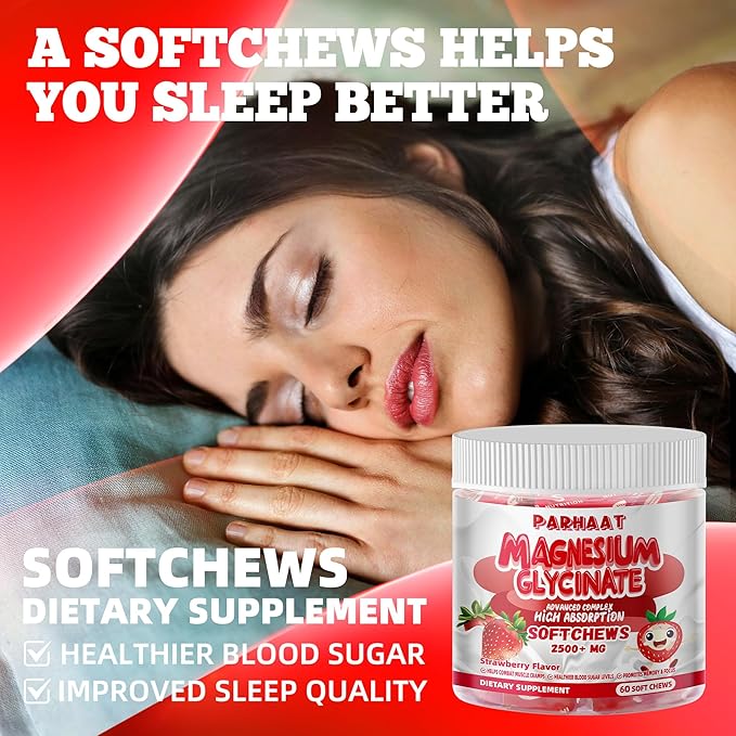 Magnesium Glycinate Soft Chews, Strawberry Flavor.Chewable Sugar Free Potassium Magnesium Chews with Magnesium Glycinate, Vitamin D, B6, and CoQ10 for Calm Support & Sleep for Adults, 60 Days Supply