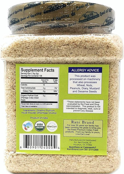 Rani Organics Psyllium Whole Husk Powder (Isabgol), Dietary Fiber Supplement, USDA Organic 9.8oz (280g) PET Jar ~ All Natural | Vegan | Gluten Friendly | Non-GMO | Indian Origin