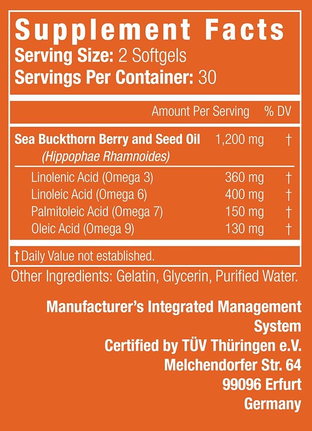 Nattura Complete Omega 3-6-7-9, Pure Sea Buckthorn Oil, European Quality, from Unrefined, Cold Pressed Whole Sea Buckthorn Wild Berries - 1,200mg - 2 Bottles