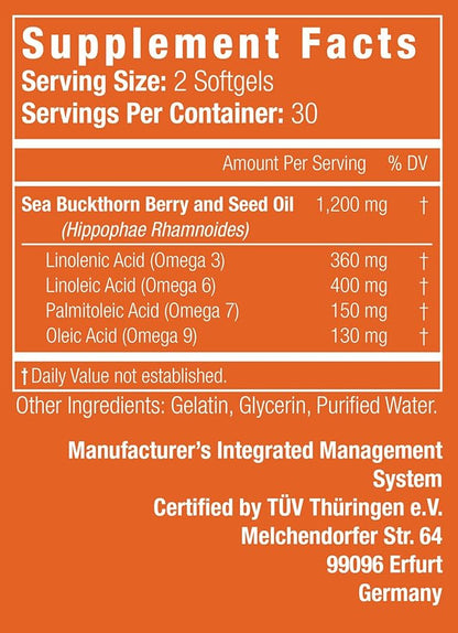 Nattura Complete Omega 3-6-7-9, Pure Sea Buckthorn Oil, European Quality, from Unrefined, Cold Pressed Whole Sea Buckthorn Wild Berries - 1,200mg - 2 Bottles