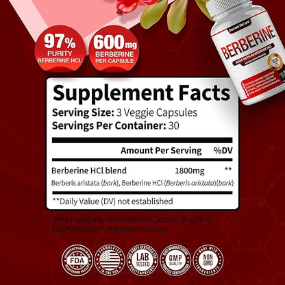 Berberine Supplement 1800mg - Premium Berberine HCl 97% High Purity, Supports Immune System, High Potency Hydrochloride & Extract, Activates AMPK & GLP-1, Non-GMO Vegan, for Men Woman 90 Capsules