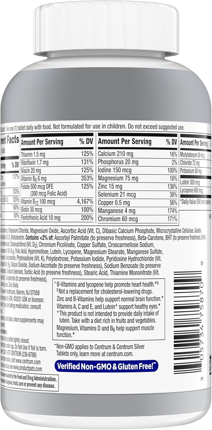 Centrum Silver Men's 50+ Multivitamin with Vitamin D3, B-Vitamins, Zinc for Memory and Cognition - 200 Tablets