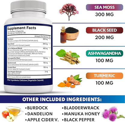 NEW AGE Silica Sea Moss, Black Seed Oil, Ashwagandha, Turmeric, Bladderwrack, Burdock - with Manuka, Honey Dandelion, ACV Black Pepper Gluten Free