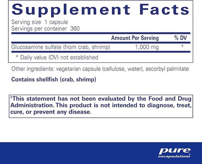 Pure Encapsulations Glucosamine Sulfate 1,000 mg | Supplement for Joint Support and Mobility, Cartilage Health, and Connective Tissue* | 360 Capsules