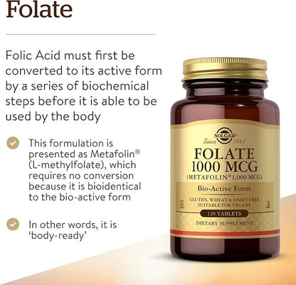 Solgar Folate 1000 mcg, 120 Tablets - 1000 mcg Bio-active Metafolin - Heart Health - Vegan, Gluten Free, Dairy Free, Kosher - 120 Servings