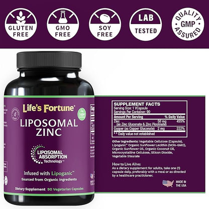 Liposomal Zinc Supplement 50mg with Copper, Immune Support, Metabolism, and Skin Health | High Potency Pure Zinc Citrate Vitamins for Adults | Powerful Herbal Antioxidant | 90 Capsules