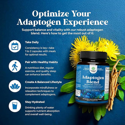 Herbal Adaptogen Mood Support Supplement - Calming Adaptogens Supplement for Stress & Cortisol Management with Ashwagandha Rhodiola Rosea & Maca Root - Vegan Non GMO & Daytime Friendly - 60ct