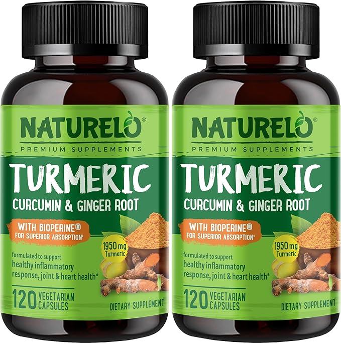 NATURELO Turmeric Curcumin - BioPerine for Better Absorption - Black Pepper, Ginger Root, Curcuminoids - Plant-Based Joint Discomfort Support - 120 Vegan Capsules (Pack of 2)