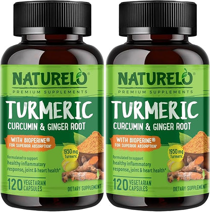 NATURELO Turmeric Curcumin - BioPerine for Better Absorption - Black Pepper, Ginger Root, Curcuminoids - Plant-Based Joint Discomfort Support - 120 Vegan Capsules (Pack of 2)