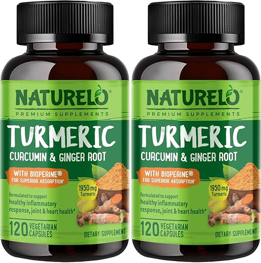 NATURELO Turmeric Curcumin - BioPerine for Better Absorption - Black Pepper, Ginger Root, Curcuminoids - Plant-Based Joint Discomfort Support - 120 Vegan Capsules (Pack of 2)