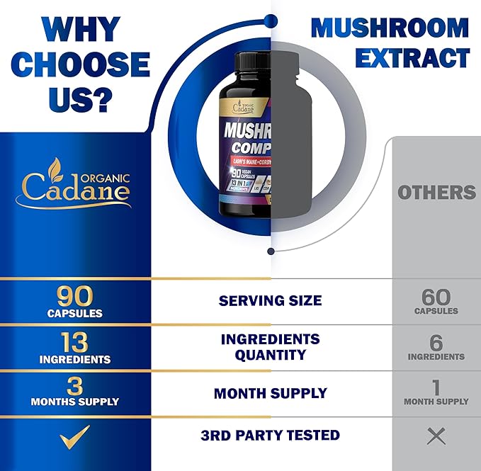 Organic Cadane Mushroom Complex Supplements - Brain Health, Immune System, Memory & Energy Production - 13in1 with Lions Mane Mushroom, Bacopa, Reishi & More - 90 Vegan Capsules