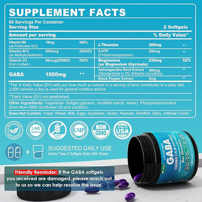 GABA Supplement - 1000 mg Liposomal Form for Optimal Absorption,GABA with L-Theanine, Magnesium Glycinate, 5HTP, Vitamin D3 for Brain Calm, Mood, Zzz Better - Melatonin-Free 120 Softgels.
