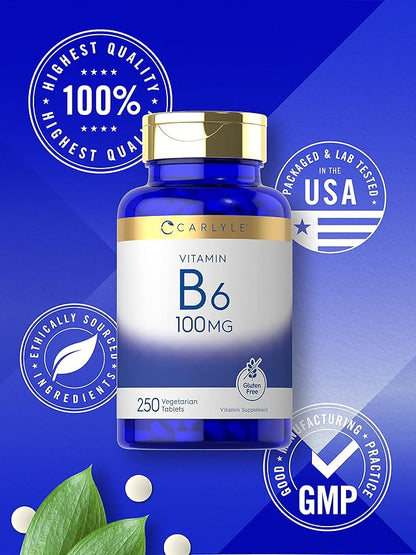 Carlyle Vitamin B6 100mg | 250 Tablets | Pyridoxine Hydrochloride Supplement | Vegetarian, Non-GMO, Gluten Free