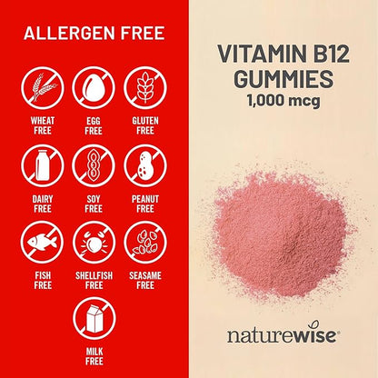 NatureWise Vitamin B12 Gummies for Adults, 1000 mcg - Strawberry Lemon Flavor - Supports Daily Energy, Mental Clarity, Cognitive Function - Vegan, Gluten-Free, Non-GMO - 90 Count[45-Day Supply]